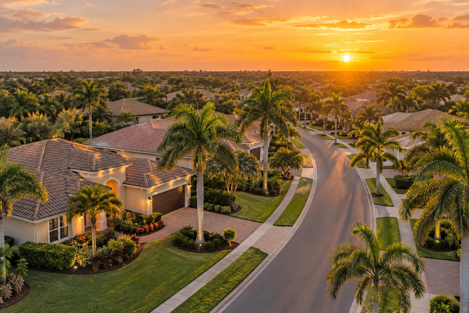An upscale Coral Springs, Florida neighborhood street at golden hour, illustrative