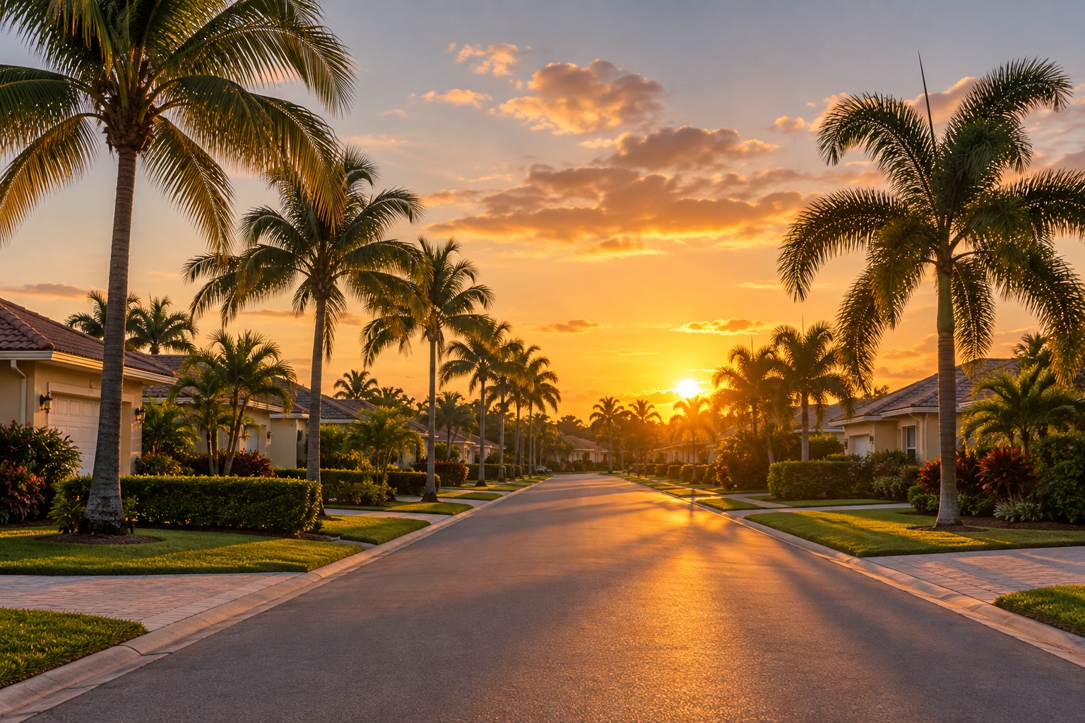 A Coral Springs, FL street at sunset, illustrative