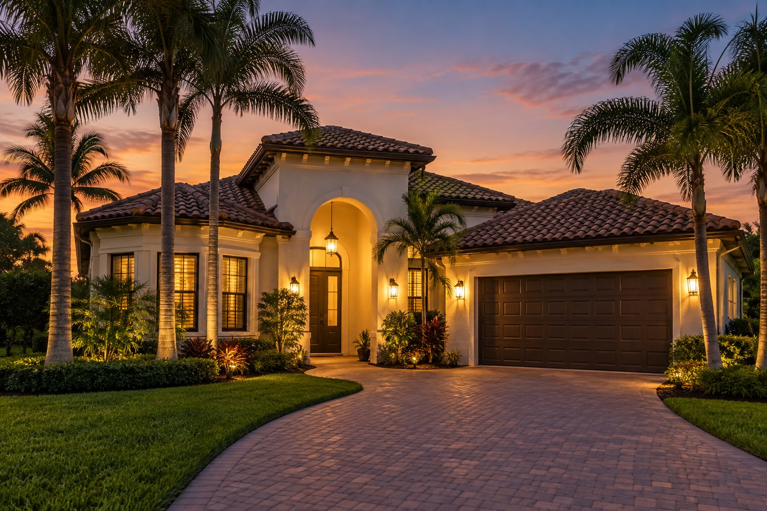A Coral Springs, Florida home exterior at dusk, illustrative