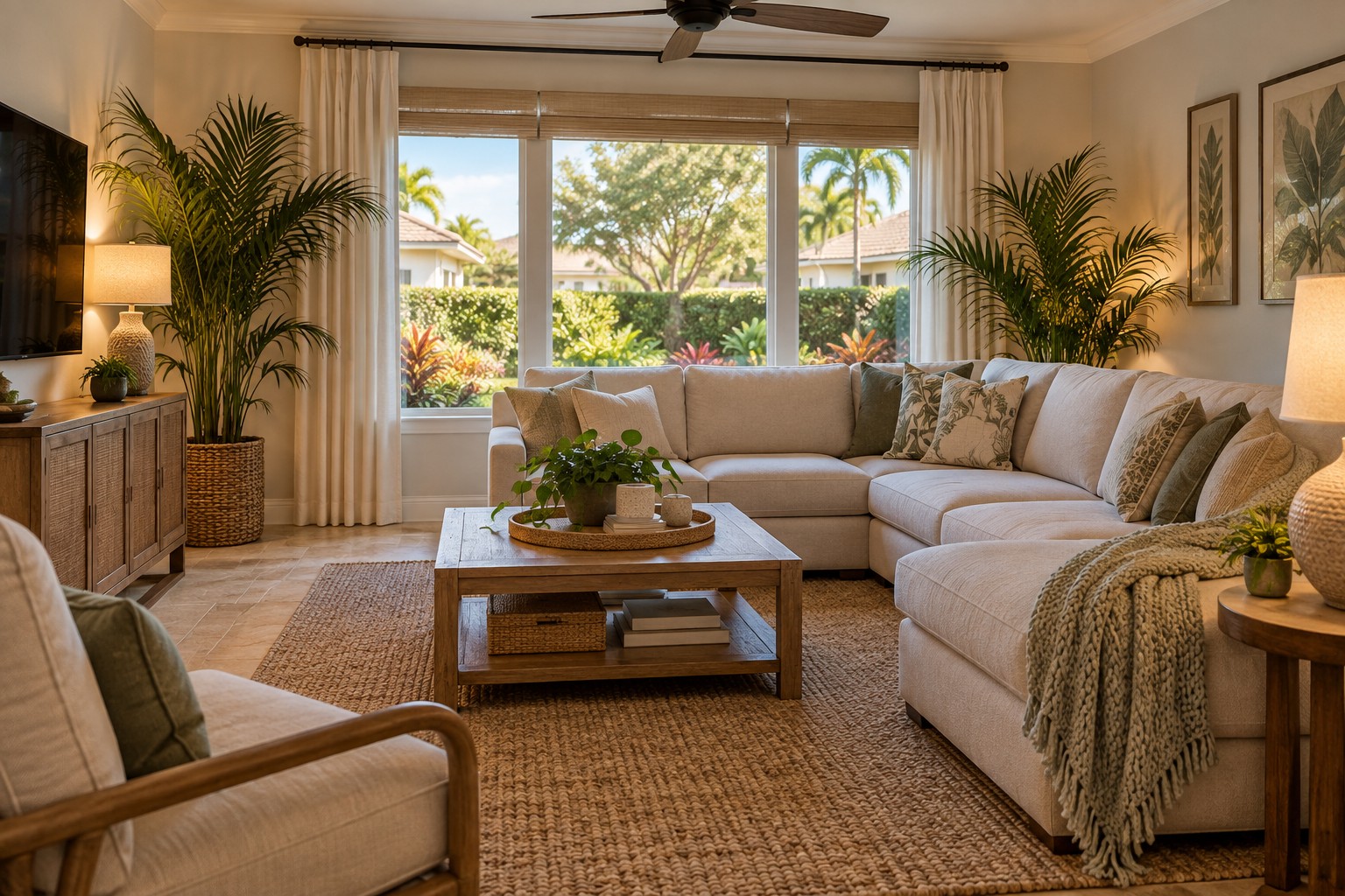 A cozy South Florida living room, illustrative